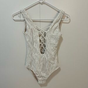 Lace-Up Crochet One-Piece Swimsuit in white